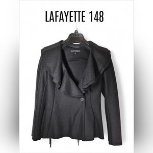 Lafayette 148 Black Wool Ruffle Waterfall Collar One Button Jacket Coat Size 0